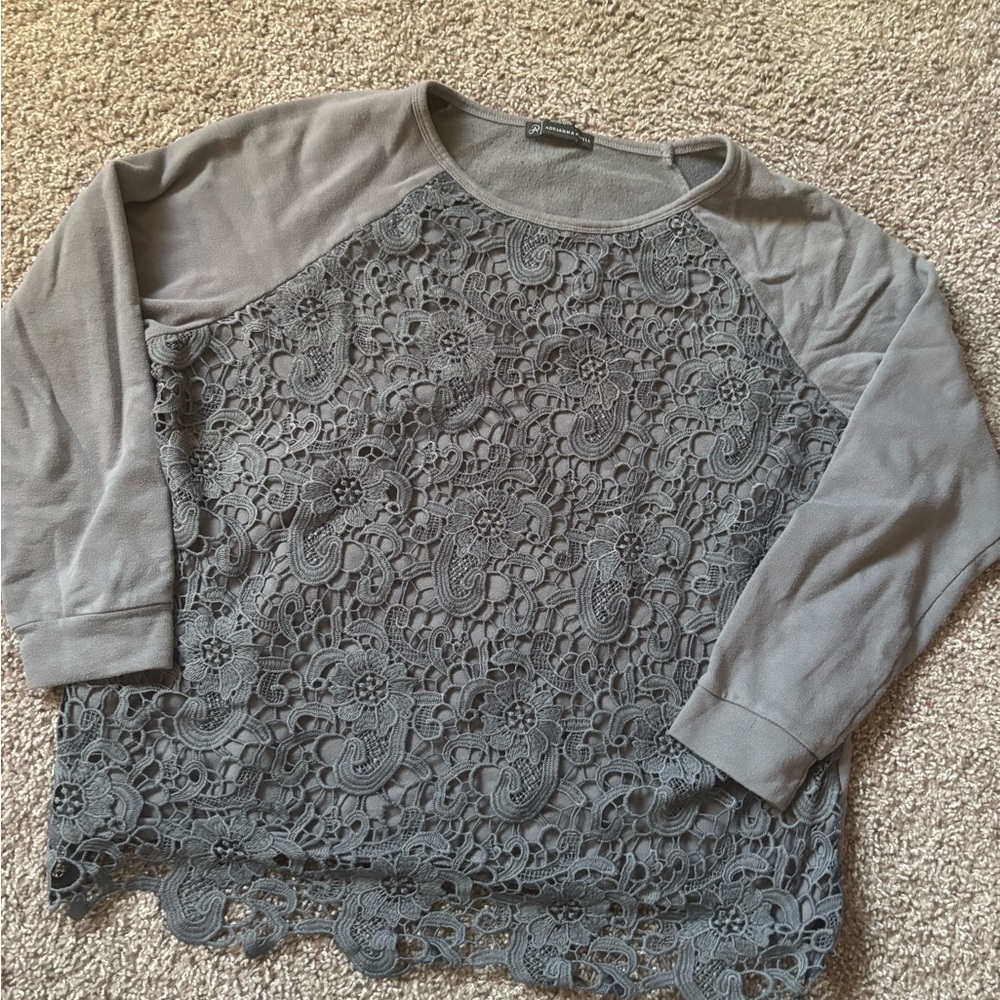 Adrianna Papell Grey Lace Crewneck